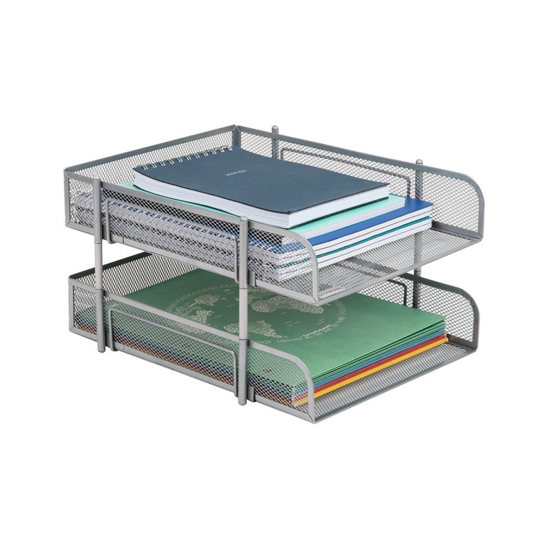 Mind Reader Stackable Paper Tray, Desktop Organizer, File Storage, Office, Metal Mesh, 2 Pc, Silver - Image 1